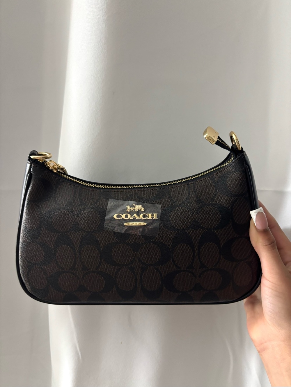 Coach Brown Signature Canvas Shoulder Bag with Gold Hardware